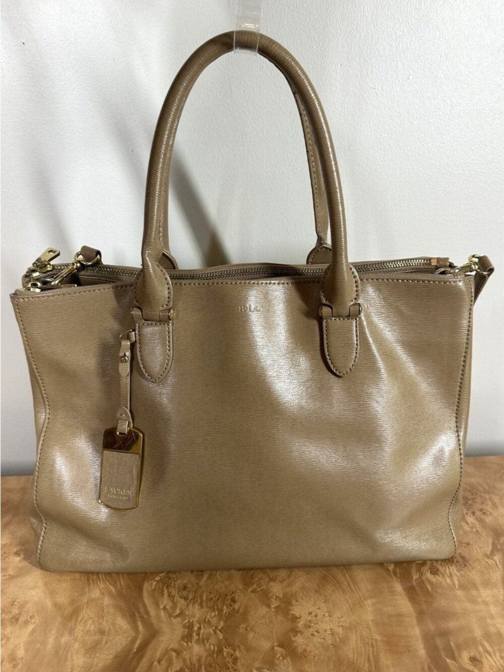Lauren Ralph Lauren Taupe Leather Double Zip Satchel Tote Bag Shoulder Strap